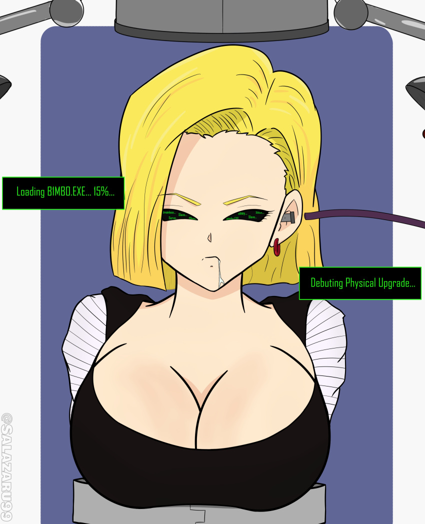 android_18 blonde_hair blue_eyes brainwashing brainwashing_machine breasts comic dialogue dragon_ball dragon_ball_z expressionless identity_death mid-transformation mind_hack restrained salazaru text transformation