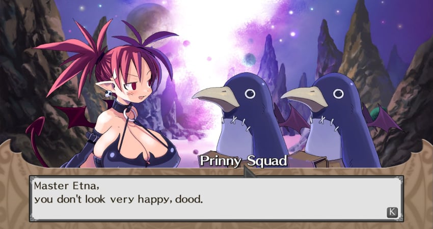 alternate_breast_size big_breasts breasts cleavage demon_girl disgaea disgaea_1 elf_ears etna gigantic_breasts huge_breasts large_breasts mod nippon_ichi_software pointy_ears prinny red_eyes red_hair screenshot short_stack shortstack umaiplum