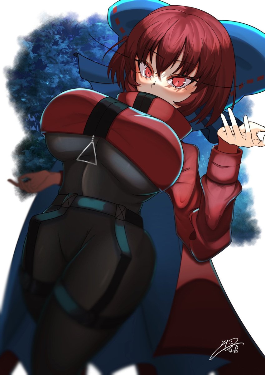 akatsuki_records black_bodysuit bodysuit breasts cape huge_breasts kaito_y_illust red_hair rock_n_rock_n_beat sekibanki tagme touhou