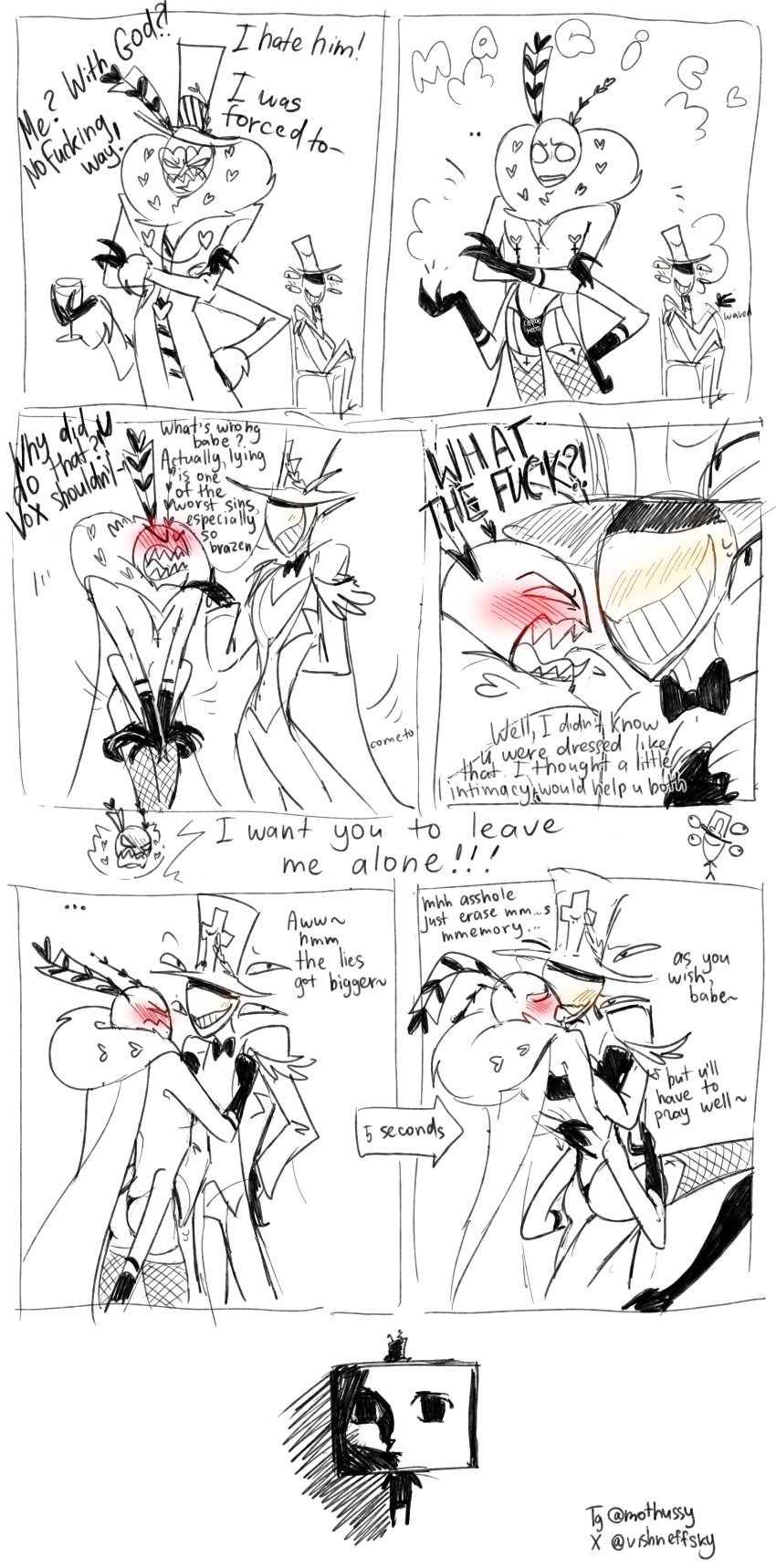 ass cheating comic comic_page cuddling demon english_dialogue english_text gay god_(hazbin_hotel) hazbin_hotel hazbin_hotel_oc kiss kissing male/male text text_bubble valentino_(hazbin_hotel) vishneffsky vox_(hazbin_hotel)