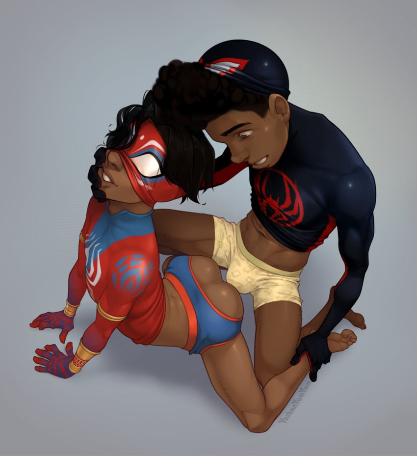 anal ass bulge dark-skinned_male dark_skin gay gay_domination grabbing_from_behind interracial interracial_sex male male_only marvel marvel_comics miles_morales pavitr_prabhakar spandex spandex_suit spider-man:_across_the_spider-verse spider-man_(miles_morales) teen_boy underwear unmasked yaoi yoshka