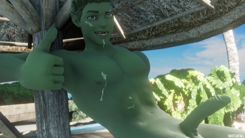 beast_boy beast_boy_(fortnite) covered_in_cum cum cumming dantejackal dc dc_comics fortnite fortnite:_battle_royale gay green green_body green_hair green_skin grey_eyes nsfw yaoi