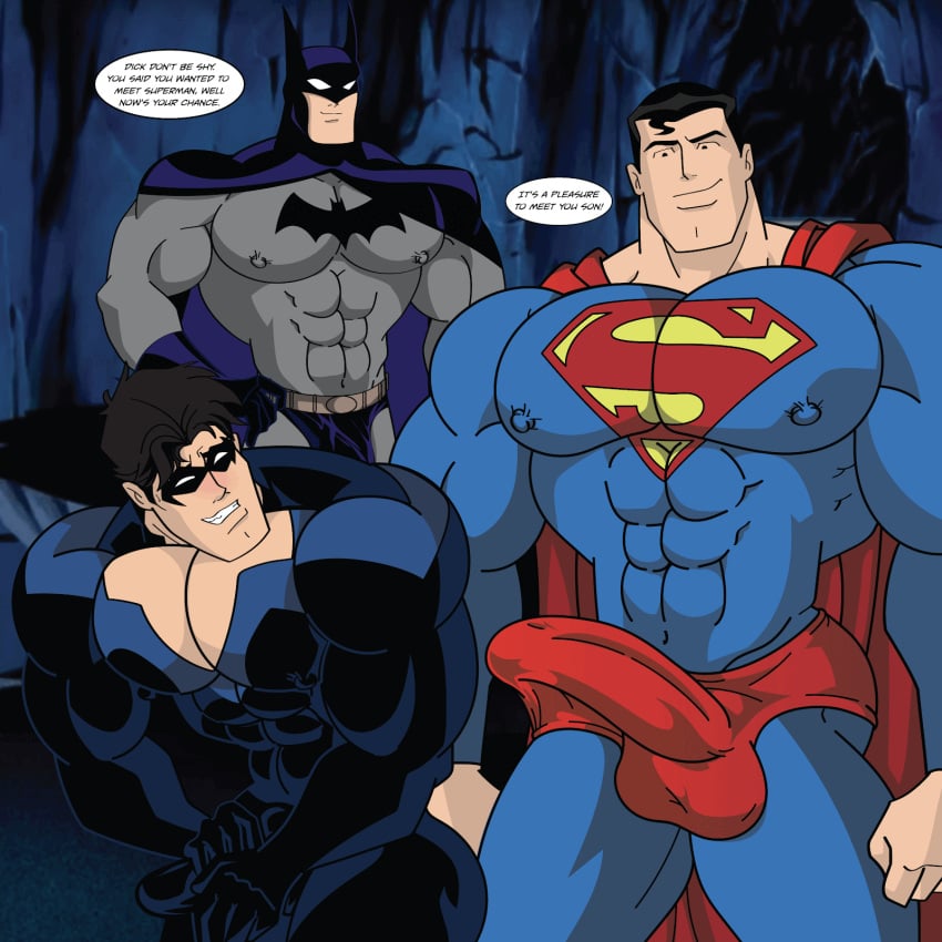 3boys abs animated balls batman batman_(bruce_wayne) biceps big_cock big_penis boner bruce_wayne caucasian caucasian_male clark_kent cum cumming dc dc_comics dcau dialogue dick_grayson english_dialogue english_text erect_penis erection gif handsfree_ejaculation hard_on huge_cock huge_penis human kal-el male male_focus male_only masked mchlsctt709 muscles muscular muscular_male nightwing pecs penis shy superhero superman superman_(clark_kent) text thick_thighs trio trio_focus