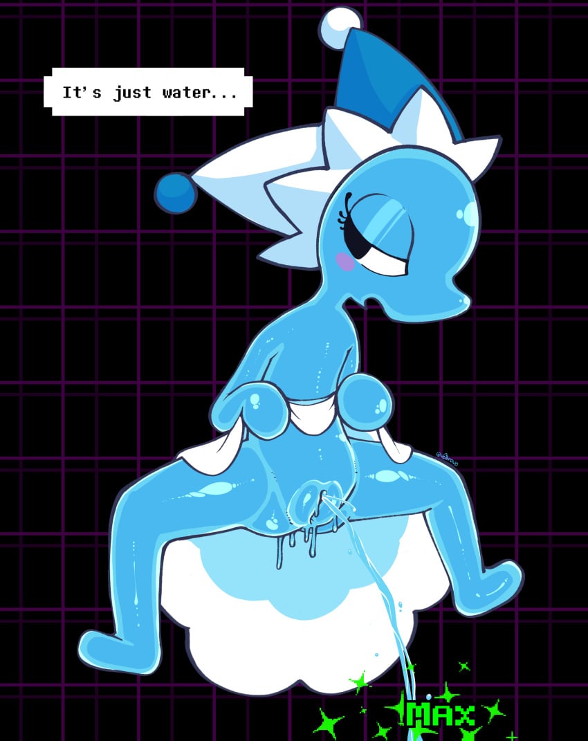 absurd_res ass blue_body blush bodily_fluids clothed clothing clothing_lift darkner deltarune digital_media_(artwork) elemental_creature female floating genital_fluids genitals hat headgear headwear hi_res humanoid looking_away mizzle_(deltarune) nude peeing presenting pussy simple_background solo speech_bubble spread_legs spreading text undertale_(series) unusual_bodily_fluids unusual_genital_fluids unusual_urine urine urine_stream vaginal_fluids vetero vulva water water_creature watersports