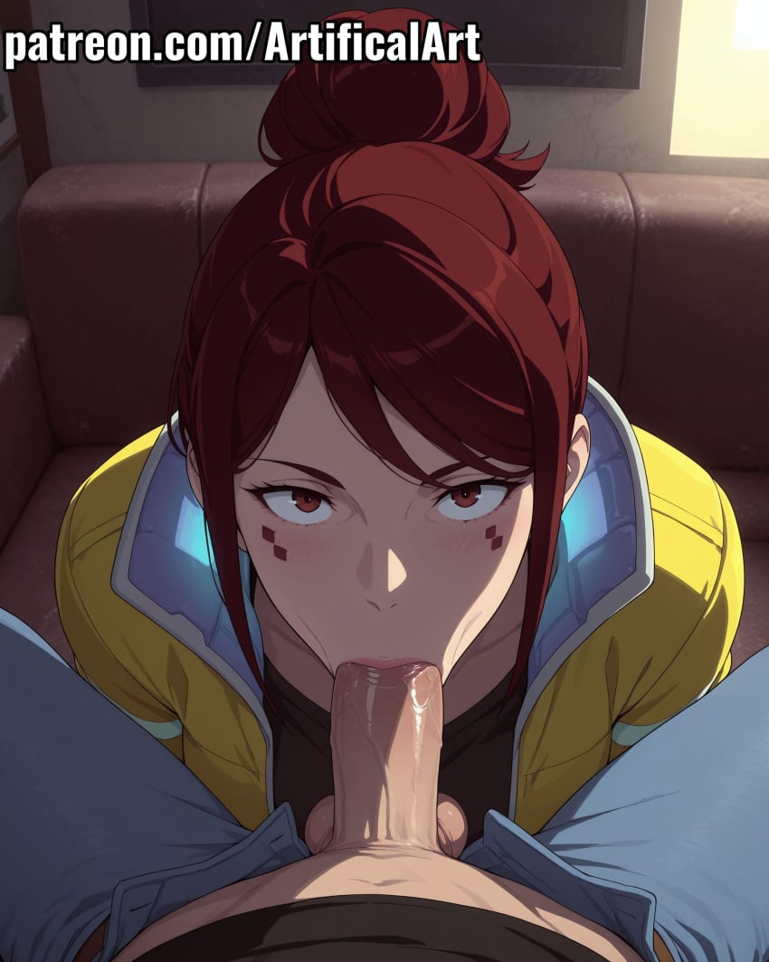 1boy 1girls ai_generated artifical_art big_breasts blowjob blowjob_face blue_pants blush cyberpunk:_edgerunners facial_mark gloria_martinez_(edgerunners) jeans light-skinned_female light_skin mature mature_female milf mommy mother oral oral_penetration oral_sex penis penis_in_mouth perfect_body red_eyes red_hair sex sucking sucking_penis tied_hair torn_pants voluptuous_female