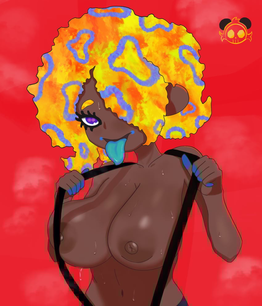 1girls aqua_tongue breasts cephalopod_eyes cleavage dark-skinned_female dark_skin female female fuzzy_hair hair_over_one_eye hoobertdoobert large_breasts naked_suspenders navel nintendo nipples octoling octoling_girl orange_hair patterned_hair purple_eyes shadow solo solo_female splatoon splatoon_3 steam suspenders suspenders_pull sweat tao_blu_(splatoon) tentacle_hair tongue tongue_out upper_body