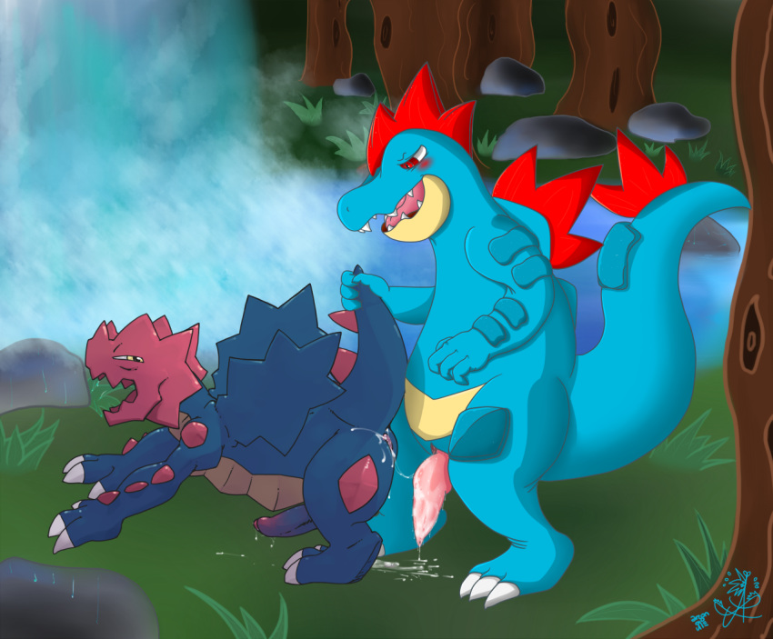 alligator anal anthro anthro_on_anthro anthro_only argon_vile asbel_lhant_(artist) blush cum cum_in_ass cum_inside dragon druddigon feral feral_on_feral feral_penetrating_feral feraligatr forest gay lake male nintendo no_humans penis pokemon pokemon_only reptile scalie sex tree uncut waterfall