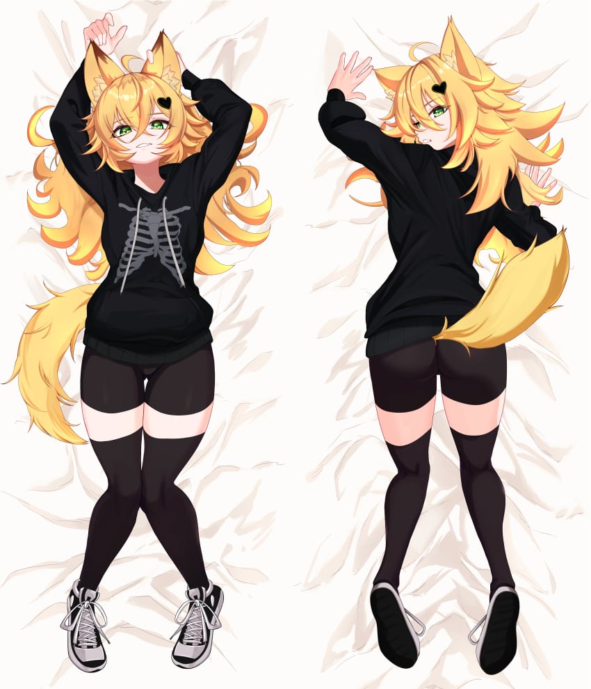 animal_ears animal_tail blonde blonde_female blonde_hair blonde_hair_female cat_ears cat_girl cat_tail catgirl clothed clothed_female clothing dakimakura green_eyes green_eyes_female hoodie kemono kemonomimi looking_at_viewer roshelter safe_for_work sneakers stockings thedao77