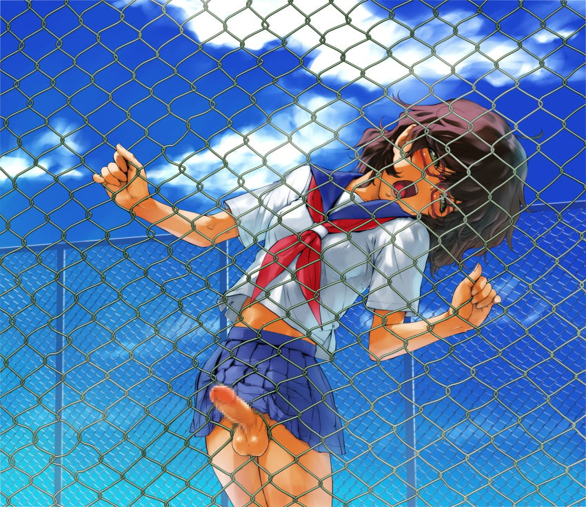 1boy black_hair brown_eyes censored chain-link_fence cloud crossdressing fence grabbing highres male masturbation no_panties open_mouth original penis school_uniform serafuku short_hair skirt sky solo tekuteku_(yuuhodou) tongue trap