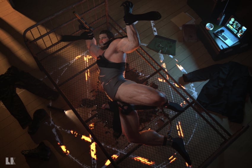3d 3d_(artwork) beard bed black_socks blush chris_redfield clothes_on_floor cum_on_underwear erect erect_cock erect_dick erect_penis erection hairy_armpits handcuffs_on_ankles jacket jacket_on_floor jerking_off_another jerkingoff_another le86134968 male male_only masturbation moustache no_pants no_underwear pantless paranormal resident_evil restrained ripped_shirt socks tagme weapon_on_hand