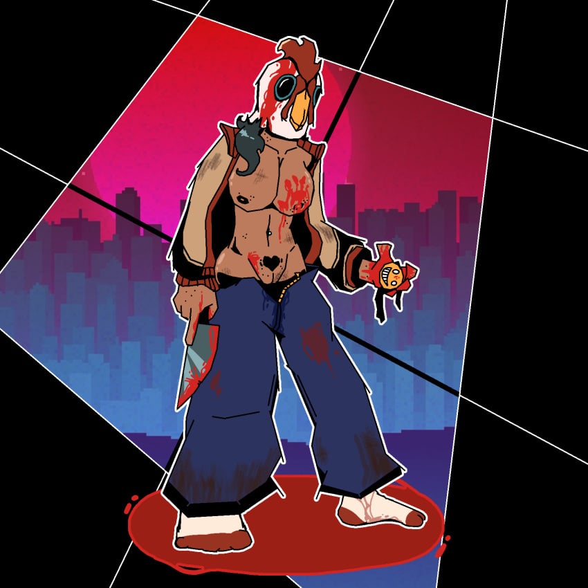 blood_on_face blood_splatter blood_stain breasts female female_only freckles freckles_on_breasts hotline_miami human jacket_(hotline_miami) jeans knife mask pubic_hair pussy socks stained_clothes varsity_jacket