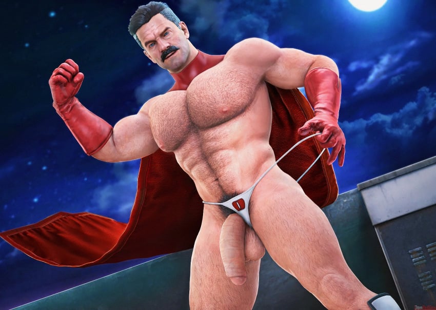 1boy 3d 3d_(artwork) bara black_pubes cape dick_out_of_underwear domredsins hairy hairy_chest hairy_legs hairy_pubes invincible invincible_(comics) invincible_(tv_series) male male_only moustache nolan_grayson omni-man pubes rooftop shaved_beard solo solo_male superhero superhero_cape tagme thong white_thong yaoi