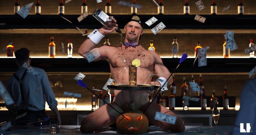 1boy 3d 3d_(artwork) arrows backwards_cap bar bar_counter baseball_cap beard big_chest blue_eyes champagne chest clint_barton dollars exhibitionism exhibitionist hairy_chest hairy_legs hawkeye le86134968 male male_only marvel moustache naked naked_male no_visible_genitalia nude nude_male pouring_liquid pouring_on_self pouring_onto_self public_exposure public_indecency public_nudity pumpkin shiny_body solo solo_male yaoi yaoi_with_male_audience