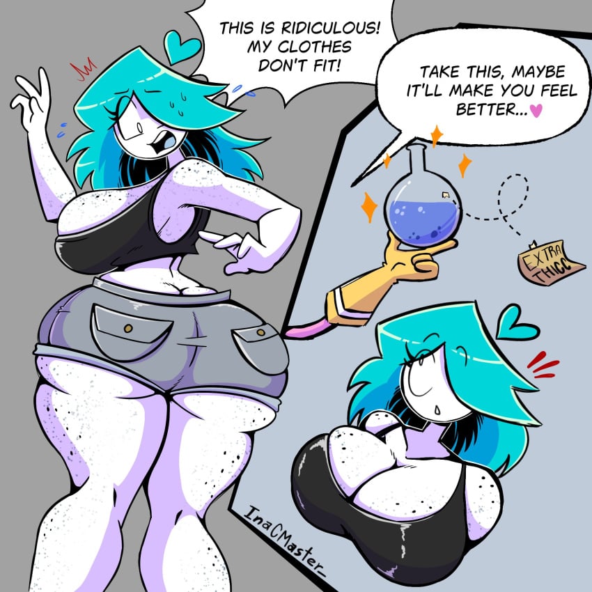 1girls ass boob_window booty_shorts breasts bubble_butt cleavage cyan_hair daisy_dukes dialogue dumptruck_ass embarrassed embarrassed_female female female_only freckles freckles_on_ass freckles_on_breasts freckles_on_shoulders inacmaster large_breasts long_hair low_cut_top nerida_(inacmaster) perfect_body potion potion_bottle short_shorts spankable_ass speech_bubble voluptuous voluptuous_female white_skin white_skinned_female