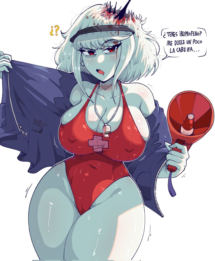 1female albina_(tidal) albino big_breasts child_bearing_hips curvy_figure female_only latina light-skinned_female red_eyes short_hair_female text_bubble tidal_(artist) voluptuous_female white_hair_female wounds