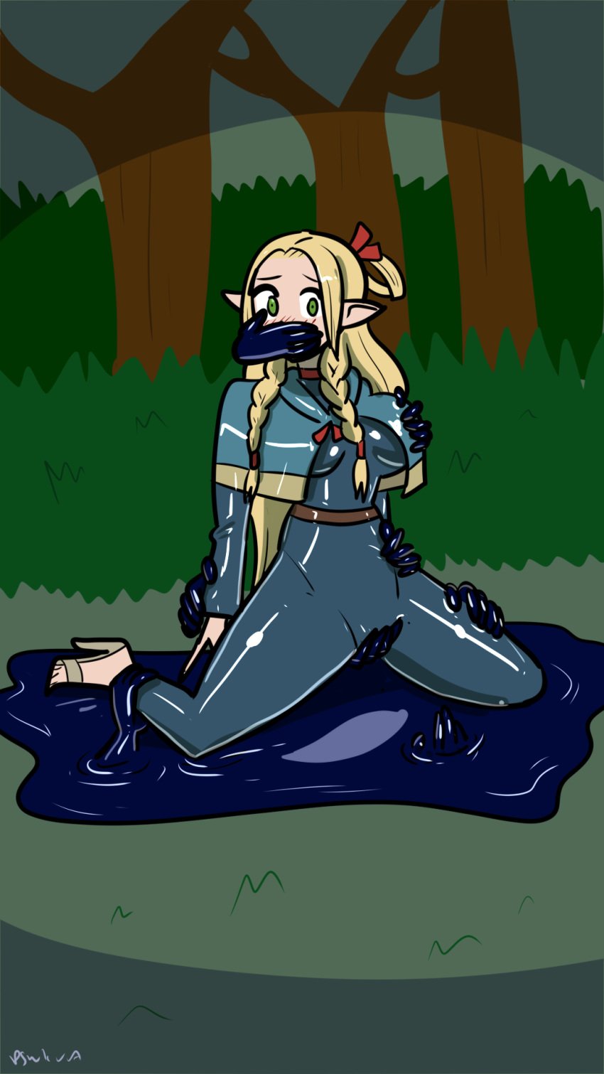 1girls 2020s 2025 9:16 black_eyebrows blonde_hair blue_bodysuit blue_cape blue_clothing blue_goo blue_latex blue_rubber blush bodysuit bondage braid braided_hair braided_twintails breasts cape covering_mouth crotch_grab delicious_in_dungeon elf elf_only eyebrows female female_focus female_only femsub forest green_eyes groping groping_breast groping_crotch groping_through_clothes hair_ribbon hand_covering_mouth hand_gag hand_gagged hand_on_breast hand_on_clothing hand_on_hip hand_on_mouth hand_on_pussy hand_on_thigh hand_on_wrist high_heels humanoid humanoid_only kneeling latex latex_clothing latex_goo latex_suit liquid_latex living_goo living_latex living_rubber long_hair marcille_donato mouth_covered netflix open_eyes parangsakti png pointy_ears puddle ribbon ribbon_in_hair rubber rubber_cape rubber_clothing rubber_suit rubbing rubbing_breast rubbing_crotch rubbing_pussy_through_clothing shiny_clothes signature solo story_at_source tight_clothing trapped tree