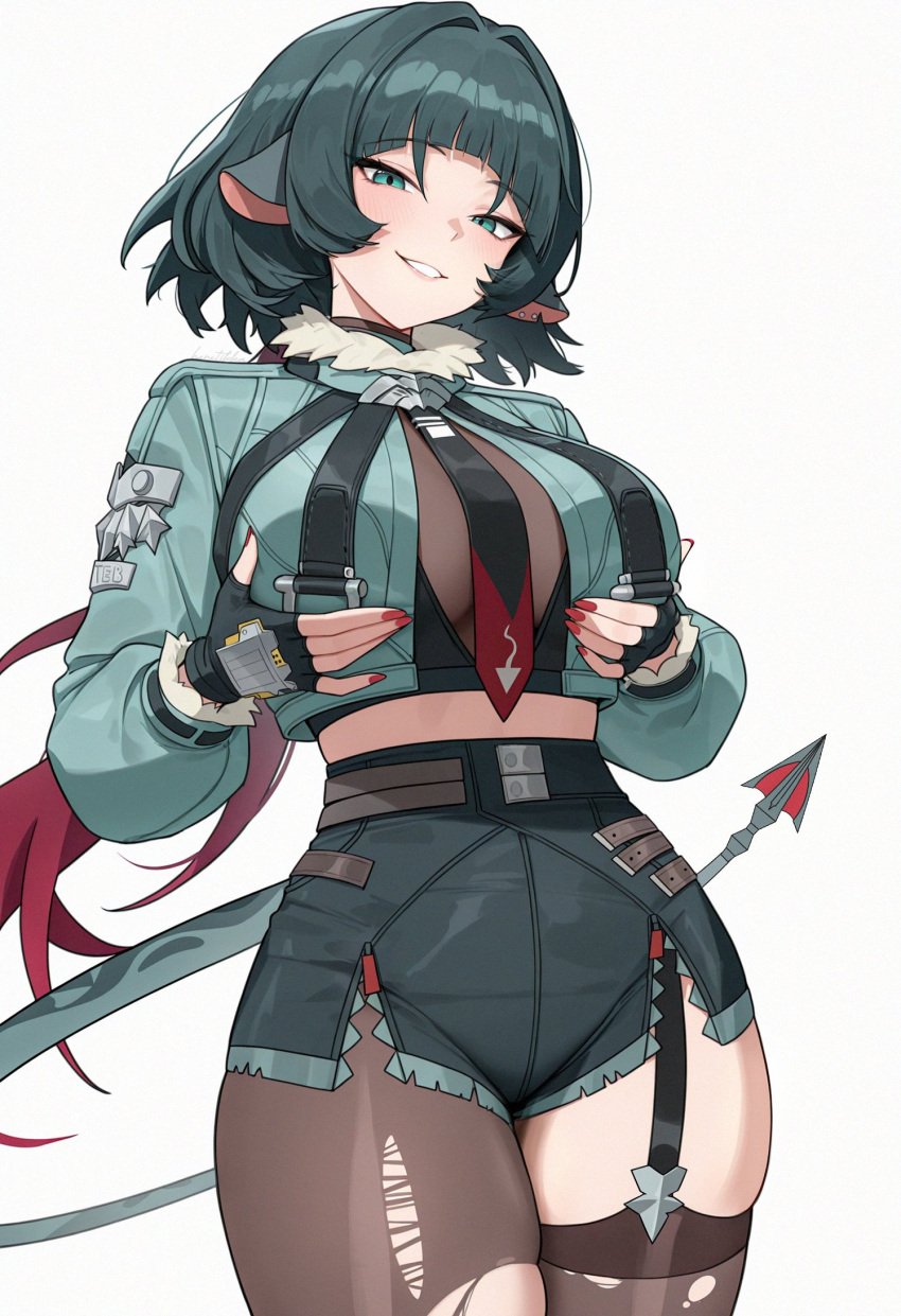 1girls ai_generated animal_ears belt big_breasts black_gloves black_hair black_shirt black_shorts breasts brown_pantyhose crop_top female fingerless_gloves fur-trimmed_jacket fur_trim gloves green_eyes grey_eyes grey_jacket heretikka high-waist_shorts highres jacket jane_doe_(zenless_zone_zero) large_breasts licking_lips long_hair long_sleeves looking_at_viewer mouse_ears mouse_girl mouse_tail necktie pantyhose parted_lips shirt short_hair shorts simple_background single_leg_pantyhose smile solo tail thighs two-tone_necktie upper_body white_background zenless_zone_zero