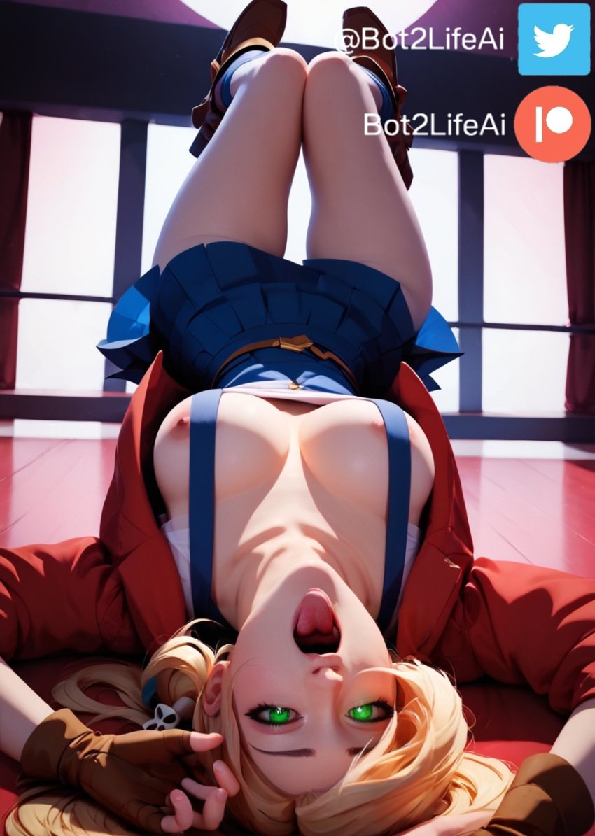 1girls ai_generated blonde_hair cadence_(crypt_of_the_necrodancer) female green_eyes rift_of_the_necrodancer suspenders tongue_out upside-down