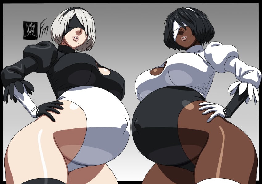 2girls big_belly big_breasts black_hair blindfold boob_window dark-skinned_female dark_skin female female_only fungus-man gloves hairband hand_on_hip huge_breasts large_breasts leggings light-skinned_female light_skin lips medium_hair mole_under_mouth nier nier:_automata nier_(series) parted_lips pregnant self_upload tagme thick_thighs white_hair wide_hips yorha_2b yorha_2p
