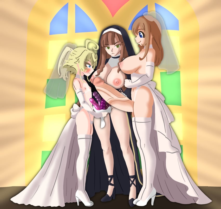 2girls1futa 3girls blonde_hair blue_eyes bouquet bridal_veil brown_hair busty_female female flat_chest futanari green_eyes heels height_difference intersex mary_sioux mary_sue massive_penis nun nun&#039;s_habit simple_background swisschocoart tanya_degurechaff viktoriya_ivanovna_serebryakov wedding_dress wedding_lingerie youjo_senki