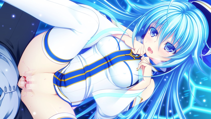 16:9 applique_(company) asami_asami azurite blood blue_eyes blue_hair blush censored female game_cg hat long_hair penis pussy re:birth_colony sex thighhighs vaginal_penetration virgin