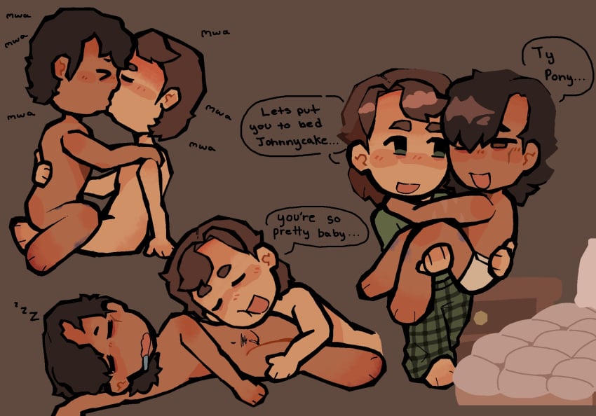 :3 blush bruises cuntboy gay half_naked holding_legs hugging intersex johnny_cade making_out male naked_male ponyboy_curtis praise pubic_hair sleeping text text_bubble the_outsiders wholesome