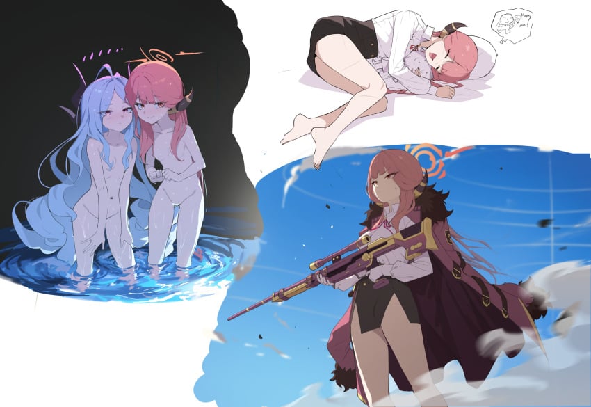 2girls absurdres ahoge aru_(blue_archive) barefoot black_skirt blue_archive blue_hair blush breasts closed_eyes closed_mouth coat coat_on_shoulders collared_shirt convenient_censoring doodle_sensei_(blue_archive) dreaming drooling female groin gun hair_censor halo highres hina_(blue_archive) holding holding_gun holding_weapon horns hug long_hair long_sleeves looking_at_viewer lying miniskirt mouth_drool multiple_girls multiple_views navel no_pussy nude on_side parack pillow pink_eyes pink_hair red_eyes rifle ripples sensei_(blue_archive) shirt side_slit skirt sleeping small_breasts smoke sniper_rifle speech_bubble standing sweatdrop thought_bubble v-shaped_eyebrows very_long_hair wading water weapon wet white_shirt young