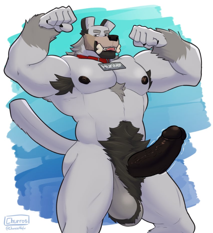 anthro armpit_hair balls big_balls big_penis big_pubes black_nipples black_penis body_hair bone canid canine canis churrosolixoso collar collar_only english_text erection flexing fur genitals grey_body grey_fur hi_res humanoid_genitalia humanoid_penis looking_at_viewer male mammal microsoft minecraft mojang muscular muscular_male nipples nude pecs penis pubes solo text vein veiny_penis wolf wolf_(minecraft) xbox_game_studios