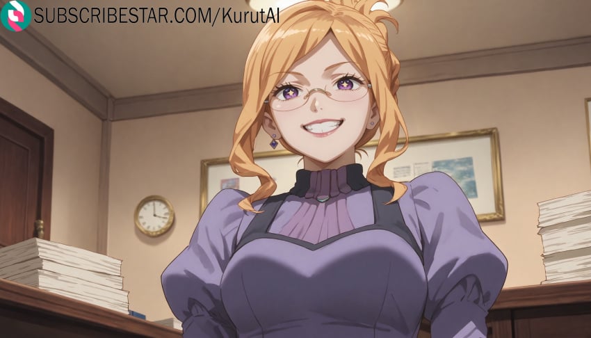 1girls ai_generated artist_name artist_signature blonde_hair breasts dress earrings female glasses grin henrietta_(log_horizon) hi_res high_resolution highres indoors jewelry juliet_sleeves kurutai log_horizon looking_at_viewer parted_bangs puffy_sleeves purple_dress purple_eyes sidelocks smile solo subscribestar subscribestar_username symbol-shaped_pupils uncensored upper_body