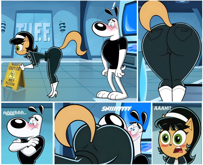 ai_generated anthro ass_worship back_pockets blue_eyes blush butt_worship canid canine canis cartoon cat_ears cat_humanoid cat_tail clothing comic comic_panel dat_ass domestic_dog dudley_puppy felid feline female furryainudes green_eyes hair_band huge_ass kitty_katswell male nickelodeon open_mouth sniffing sniffing_ass stinkface t.u.f.f._puppy text wet_floor_sign