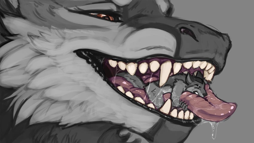 16:9 acidic ambiguous_gender anthro black_lips bodily_fluids brown_eyes canid canine closed_eyes dragon drooling duo fangs fur furred_dragon furred_scalie grey_background grey_body grey_fur in_mouth lips looking_pleasured male mammal mythological_creature mythological_scalie mythology nude red_tongue saliva saliva_on_tongue saliva_string scalie simple_background teeth tongue widescreen