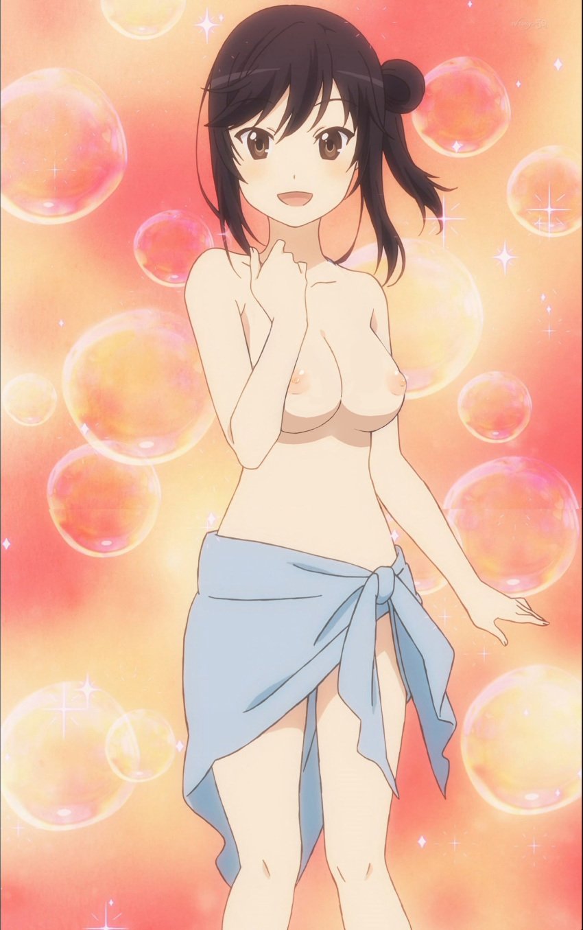 black_hair breasts brown_eyes bubbles female hair hair_bun ichijou_hotaru large_breasts looking_at_viewer nipples non_non_biyori nude_filter open_mouth photoshop sarong screencap short_hair smile solo stitched topless