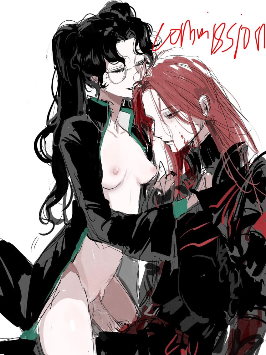 1boy amon_(lord_of_the_mysteries) armor black_armor black_cloak black_hair breasts chinese_commentary cloak closed_eyes commentary_request commission facial_mark female forehead_mark full_armor genderswap_(mtf) highres kikinotamai long_hair lord_of_the_mysteries medici_(lord_of_the_mysteries) monocle nipples parted_bangs parted_lips penis pussy red_eyes red_hair rule_63 sex simple_background small_breasts straight twintails vaginal_penetration white_background