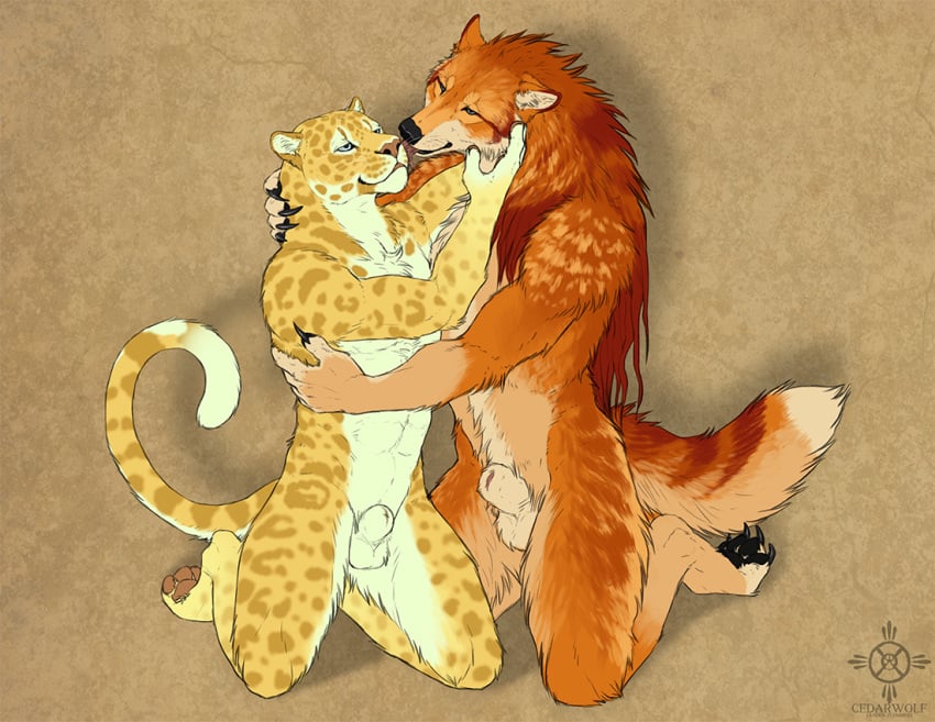 2018 abs animal_genitalia anthro balls blue_eyes canid canine canis cedarwolf chest_tuft claws curled_tail digital_media_(artwork) dipstick_tail duo felid finger_claws fur genitals hair hug inner_ear_fluff jaguar jaguar_(arkoninu) kneeling licking licking_another licking_partner long_hair male male/male mammal markings multicolored_body multicolored_fur mythological_canine mythological_creature mythology nude pantherine pawpads paws penis penis_tip pointy_ears prick_ears romantic romantic_couple sheath simple_background spots tail tail_markings textured_background toe_claws tongue tuft watermark werecanid werecanine werecreature werewolf werewolf_(arkoninu) whiskers wolf