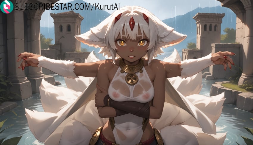1girls ai_generated animal_ears artist_name artist_signature bare_shoulders breasts covered_nipples crossed_arms dark-skinned_female dark_skin extra_arms faputa female furry hi_res high_resolution highres horns kurutai looking_at_viewer made_in_abyss medium_breasts monster_girl multiple_tails nipples outdoors outstretched_arms parted_lips see-through short_hair solo subscribestar subscribestar_username tail uncensored wet wet_clothes white_fur white_hair yellow_eyes