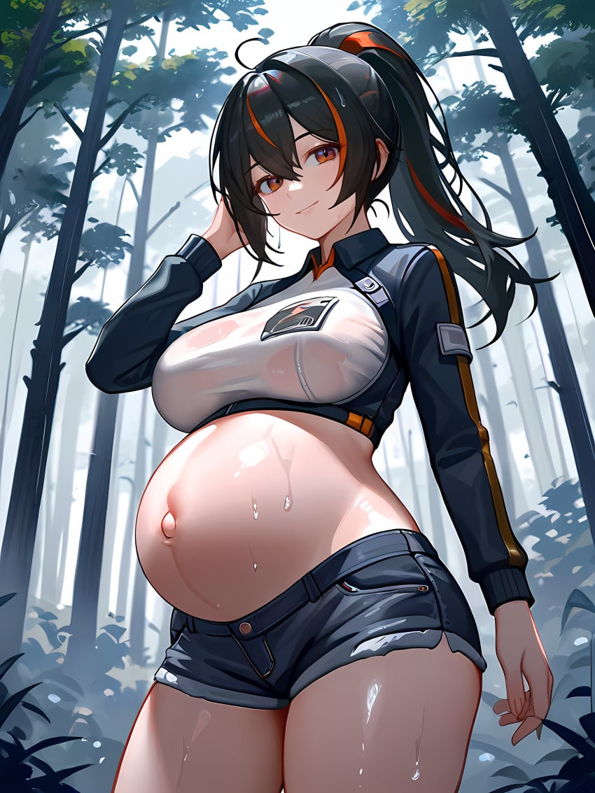1girls ai_generated ass belly belly_button black_hair black_hair_female breasts exposed_belly exposed_belly_button exposed_pregnant_belly female hoyoverse light-skinned_female light_skin mihoyo mihoyo_technology_(shanghai)_co._ltd. new_eridu_public_security ponytail ponytail_(hair) ponytail_female pregnant pregnant_belly pregnant_female red_eyes red_eyes_female standing thick_thighs thighs wide_hips zenless_zone_zero zhu_yuan