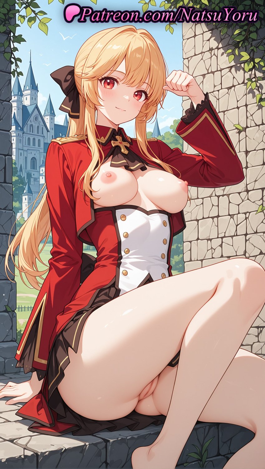 1girls 2025 ai_generated arm_up ascot bangs bare_legs barefoot black_skirt blonde_hair blush breasts breasts_out cleft_of_venus closed_mouth cropped_jacket double-breasted female_only genjitsu_shugi_yuusha_no_oukoku_saikenki hand_up hi_res highres jacket liscia_elfrieden long_hair long_sleeves looking_at_viewer medium_breasts natsuyoru nipples no_panties open_clothes open_jacket outdoors patreon pleated_skirt ponytail pussy red_eyes red_jacket sidelocks sitting skirt smile solo thighs uncensored vagina voluptuous voluptuous_female