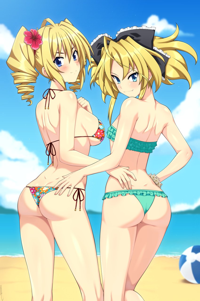2girls ass beach bikini blonde_hair blue_eyes high_school_dxd lindaroze mittelt ravel_phenex tagme