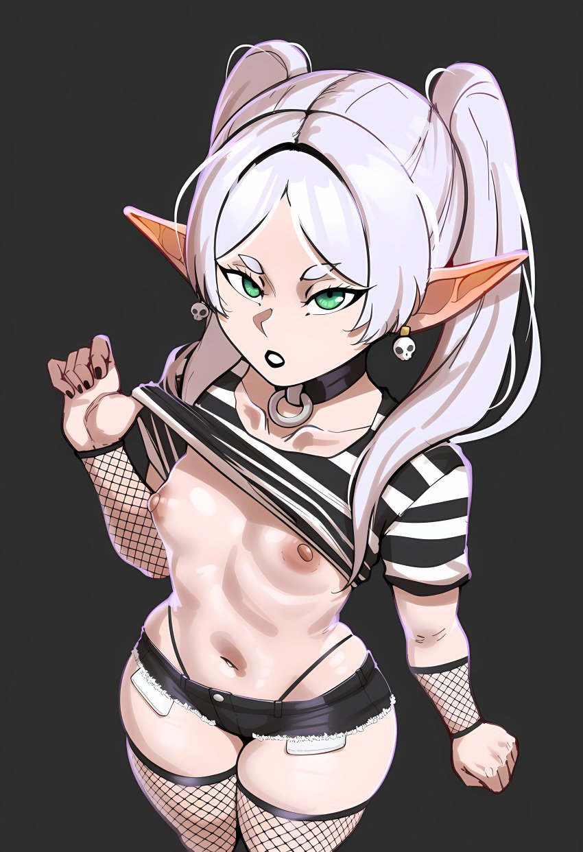 ai ai_generated choker fishnet_legwear fishnets frieren frieren_beyond_journey's_end goth goth_girl lifting_shirt nipples