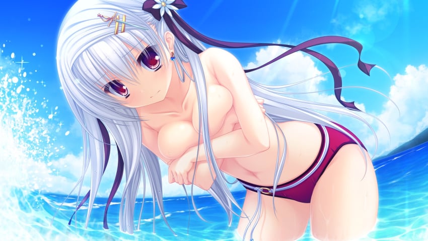 blush bow breast_hold breasts clouds game_cg gray_hair justy_x_nasty long_hair mikagami_mamizu navel onose_mana red_eyes ribbons swimsuit topless water whirlpool