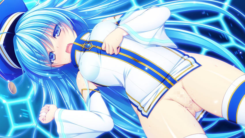 16:9 applique_(company) asami_asami azurite blue_eyes blue_hair blush censored female game_cg hat long_hair pussy re:birth_colony thighhighs