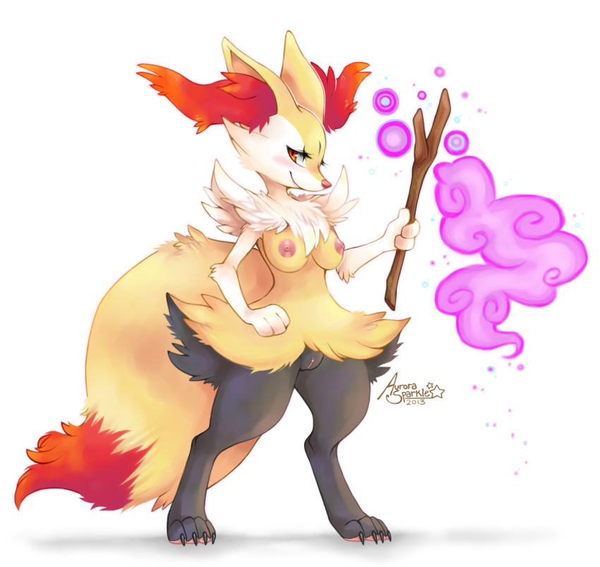 2013 anthro aurora-sparkle braixen breasts canine claws female fennec fluffy_tail fox furry looking_at_viewer magic nintendo nude plain_background pokémon_(species) pokemon pokemon_(species) pussy red_eyes solo standing stick video_games white_background wide_hips