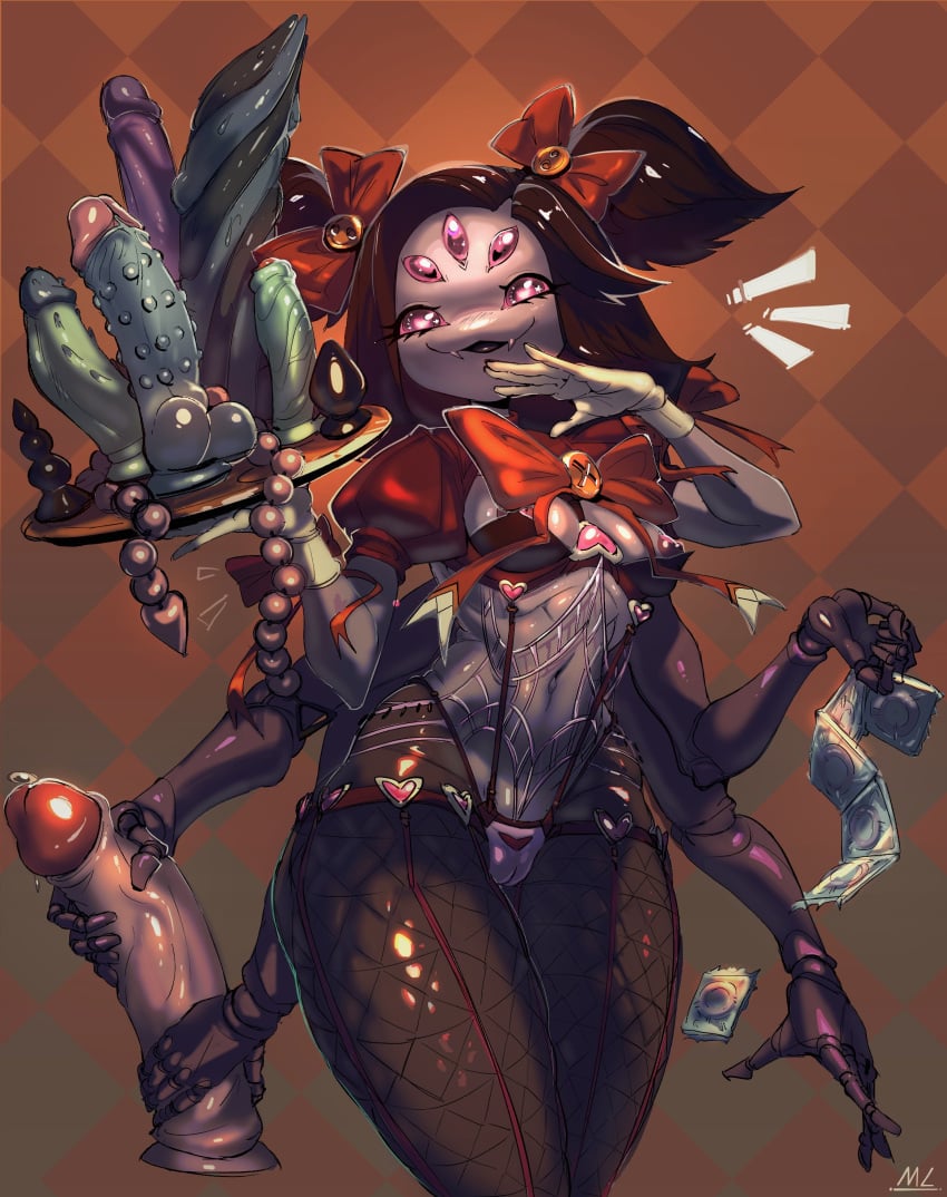 1girls 5_eyes anal_beads bow_ribbon breasts breasts_out buttplug clothing condom condom_wrapper dildo fangs female hands looking_at_viewer monster_girl mslavender muffet nipples pussy pussy_window revealing_clothes ribbon sex_toy solo spider_girl thick_thighs thighhighs undertale undertale_(series) watermark