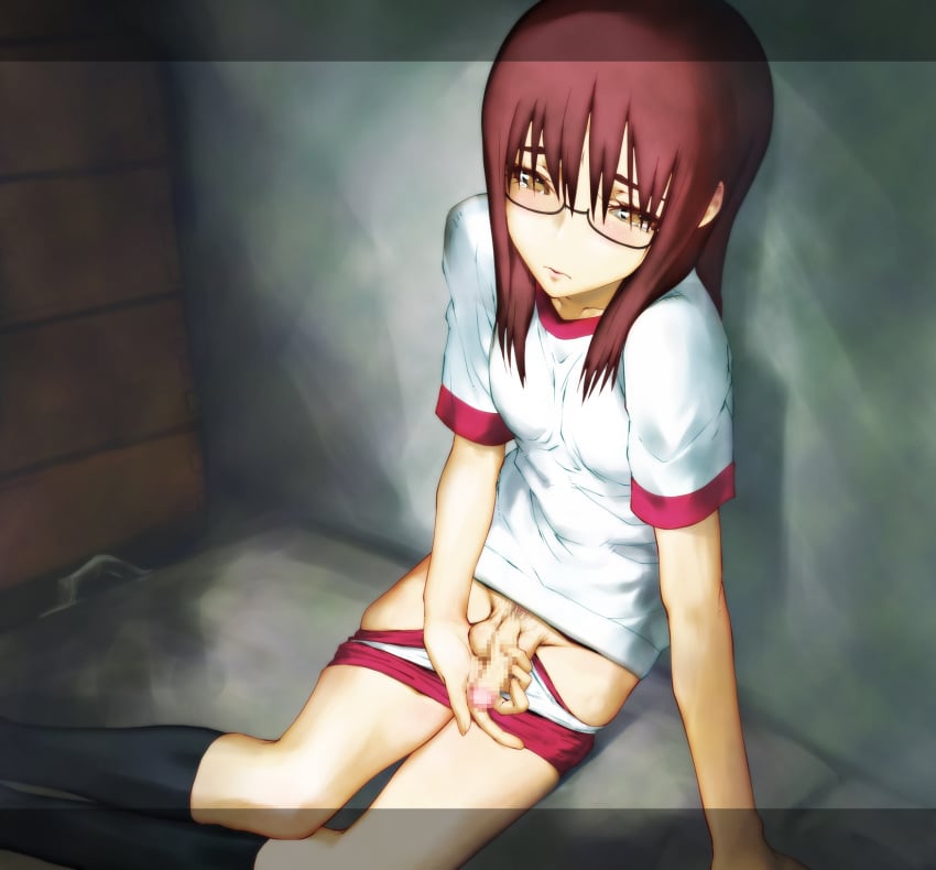 1boy brown_eyes buruma buruma_pull censored glasses gym_uniform highres looking_at_viewer masturbation original penis pubic_hair red_hair sitting tears tekuteku_(yuuhodou) trap