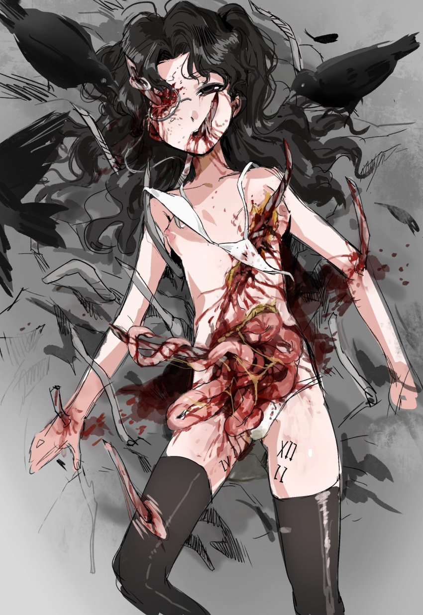 amon_(lord_of_the_mysteries) animal bird black_eyes black_hair black_thighhighs bleeding blood blood_from_mouth blood_on_face body_writing bra breasts commentary crow cuts death deep_wound english_commentary entrails ero_guro feathers female genderswap_(mtf) guro highres injury intestines kikinotamai long_hair lord_of_the_mysteries monocle nipples nude open_mouth organs panties parted_bangs rule_63 small_breasts small_intestine solo teeth thighhighs twintails underwear white_bra white_panties