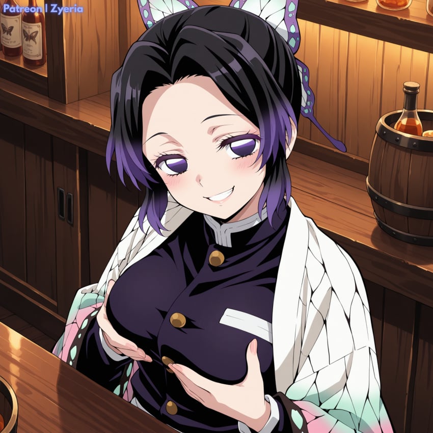 ai_generated anime before_oral before_sex demon_slayer grabbing_own_breast imminent_sex kimetsu_no_yaiba kochou_shinobu smug teasing zyeria