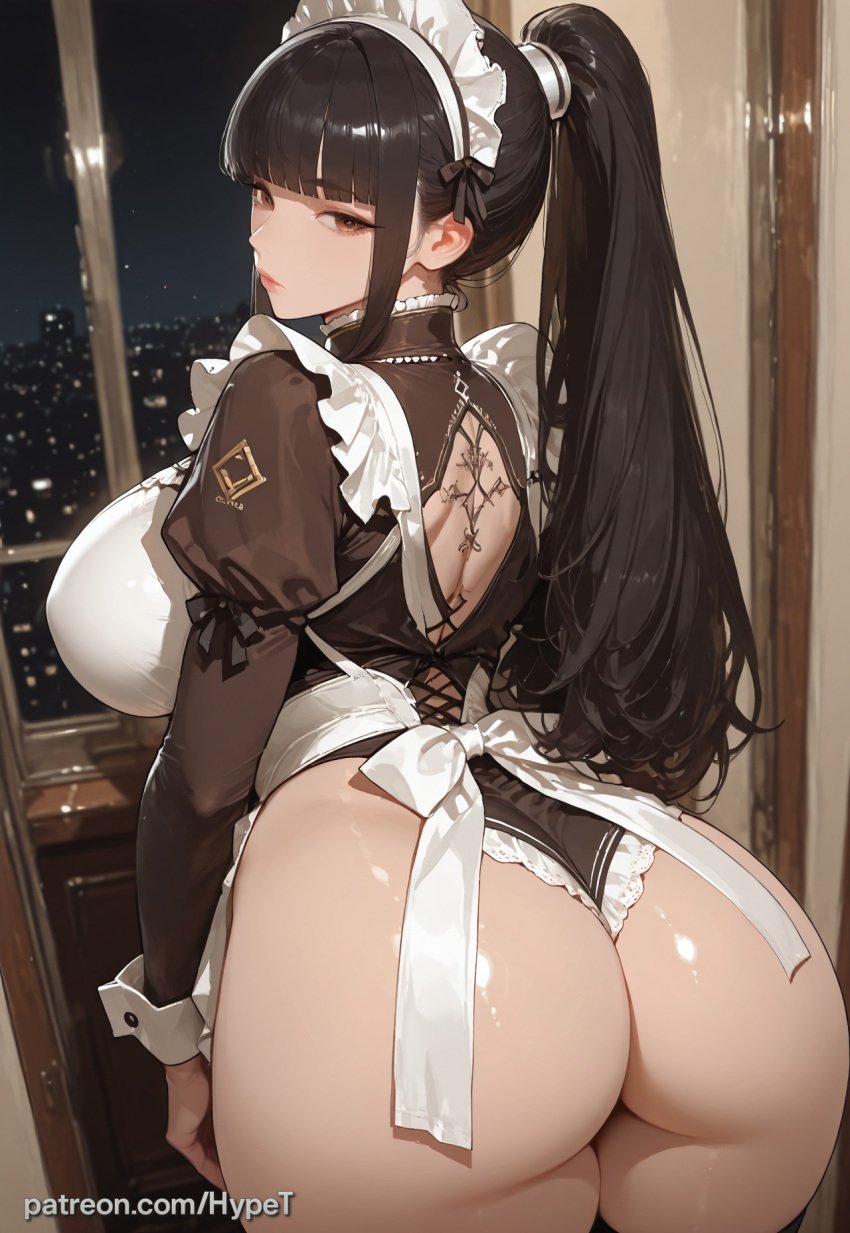 ai_generated alternate_costume alternate_version_at_source asian_female ass_focus back_view big_breasts black_hair breasts eve_(stellar_blade) female hypet indoors long_hair long_legs maid_uniform shiny shiny_skin stellar_blade tagme thick thick_ass thick_legs thick_thighs thighs video_game_character video_games wet