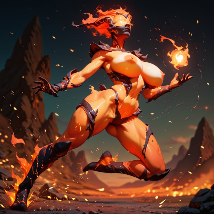 ai_generated bethesda breasts c.c.leah female fire_elemental fire_hair fireball flame_atronach huge_breasts monster monster_girl oblivion orange_skin outdoors solo the_elder_scrolls the_elder_scrolls_iv:_oblivion