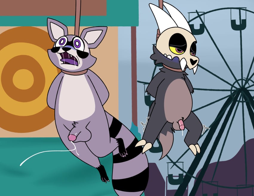 aaron_amethyst absurd_res amusement_ride anthro balls bodily_fluids bone carnival_(disambiguation) crossover cum cum_while_flaccid cyanosis death disney drooling duo execution ferris_wheel genital_fluids genitals hanged hanging_by_neck hi_res indigo_park king_clawthorne male male_only mammal mask noose nude open_mouth outside penis procyonid pupils raccoon rambley_raccoon saliva skull skull_mask snuff target the_owl_house titan_(the_owl_house) weird_crossover white_pupils
