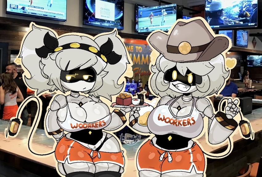 2girls alcohol android breasts cable_tail cleavage clothes_writing cup female female_focus female_only food glitch_productions glowing_eyes grin hat holding hooters j_(murder_drones) joints lafreakysky large_breasts looking_at_viewer mechanical_arms mechanical_tail mug multiple_girls murder_drones orange_shorts robot robot_joints sharp_teeth short_hair short_shorts shorts smile tail tank_top teeth thighhighs twintails uniform v_(murder_drones) white_hair yellow_eyes